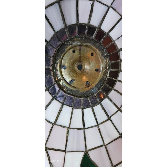Vintage Light Pendant Tiffany-Style Stained Leaded Glass Floral Brass 21" Dia - Picture 13 of 13